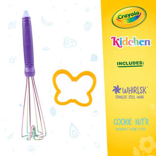 Crayola Kidchen™ Whisk & Flutter, 2-Piece Kitchen Set with Whirlsk™ & Butterfly Cookie Cutter, Whisk & Masher Tool