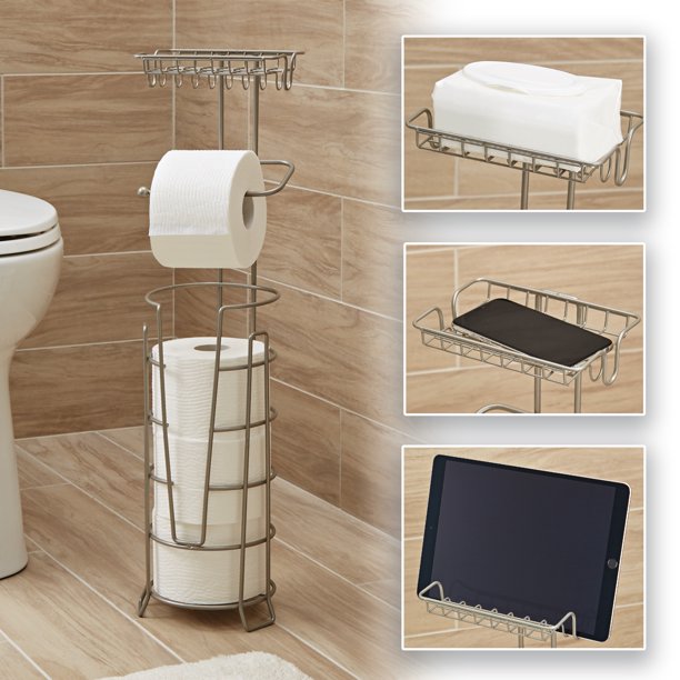 Home+Solutions 4-Roll Toilet Paper Holder with Large Multimedia Tray, Satin Nickel
